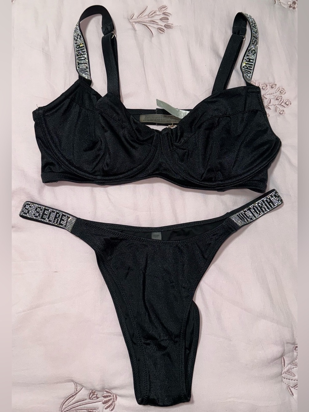 Victoria's Secret Black Rhinestone Strap Bra & Thong Set